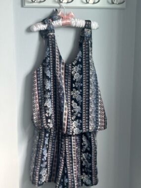 Pinc Premium Navy Romper with Blush and Light Blue Border Print